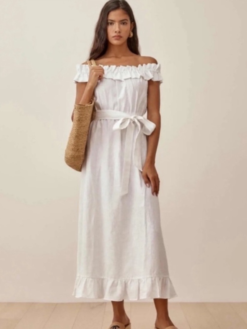 Reformation Sycamore White Linen Off The Shoulder Long MIDI Dress L
